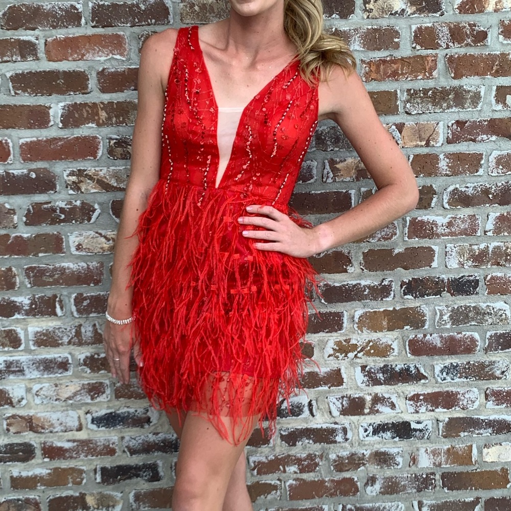 Homecoming Red dress with sequins/beads and feathers!